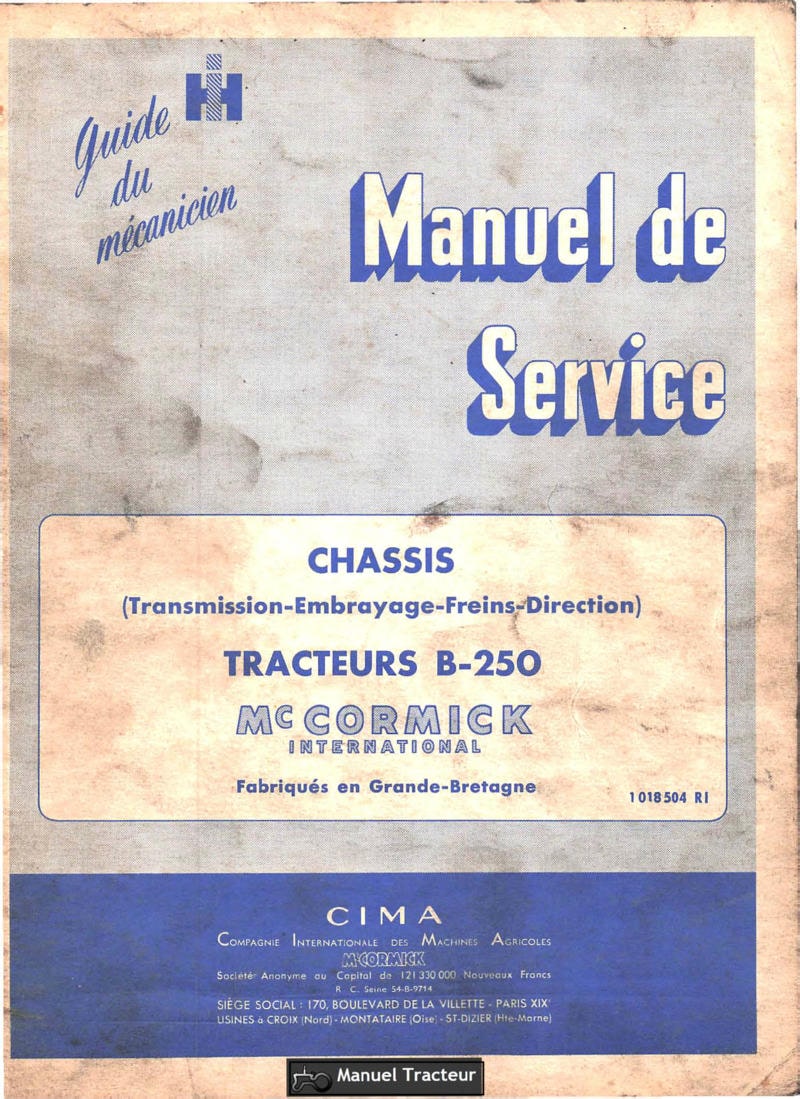 Première page du Manuel de service tracteur Mc Cormick International B-250 Chassis