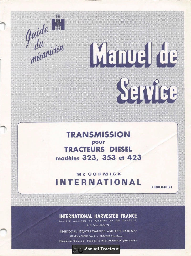 Première page du Manuel service IH McCormick tracteurs 323 353 423 Transmission 