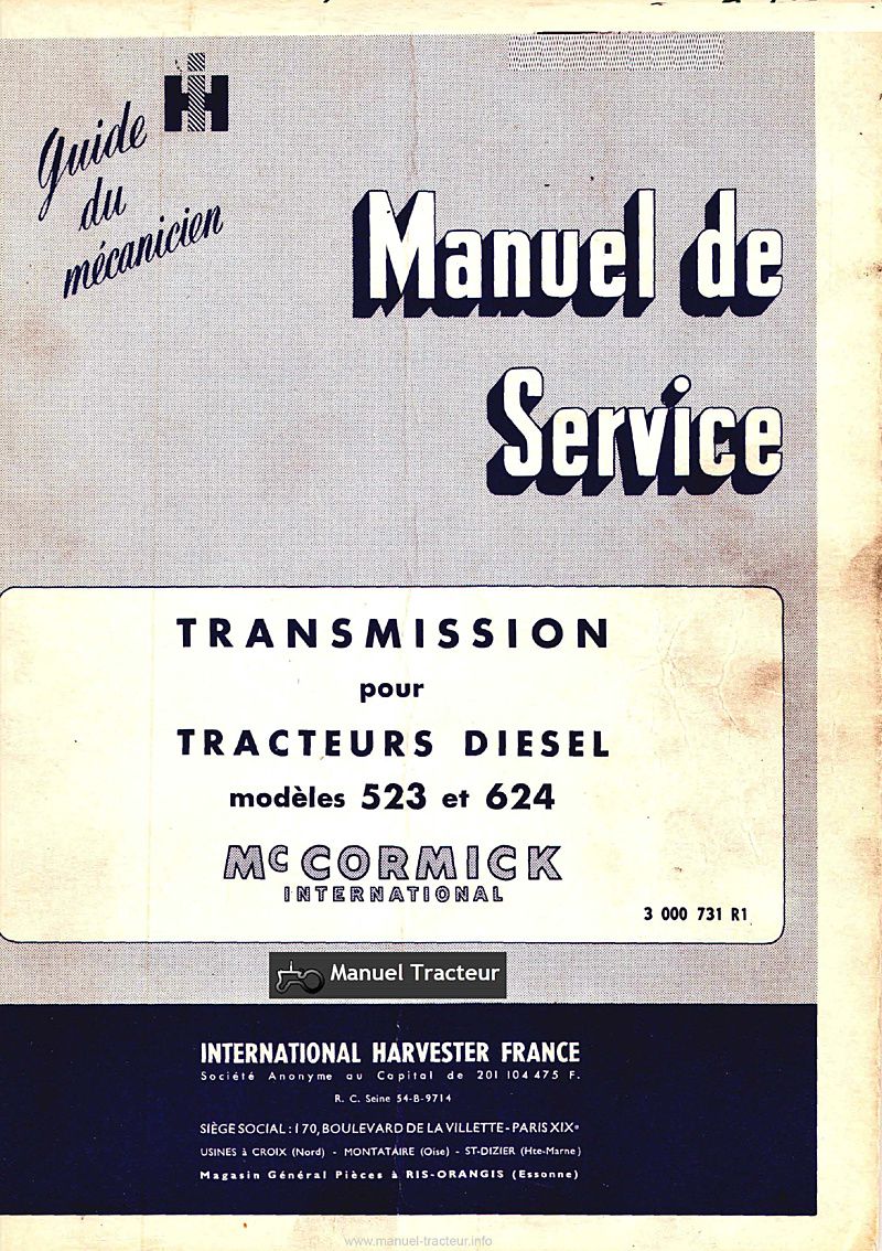 Première page du Manuel de service Transmission McCormick International 523 624