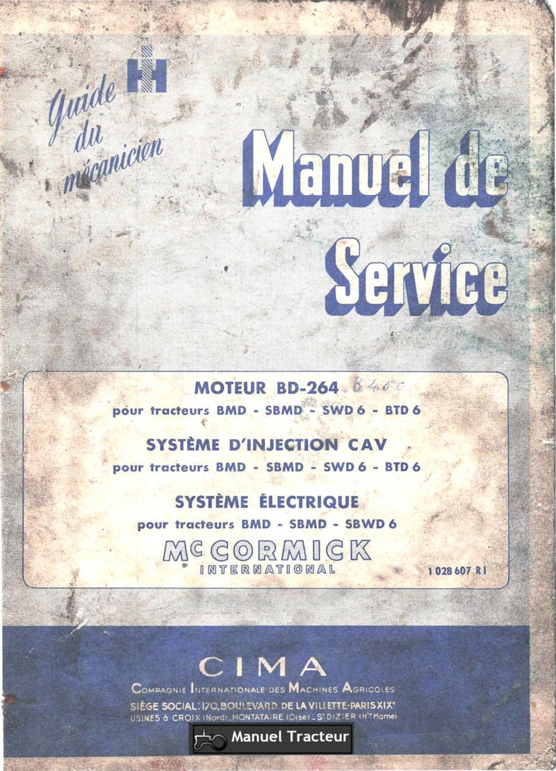 Première page du Manuel de service Mc Cormick International Moteur BD-264 Système injection CAV Système électrique