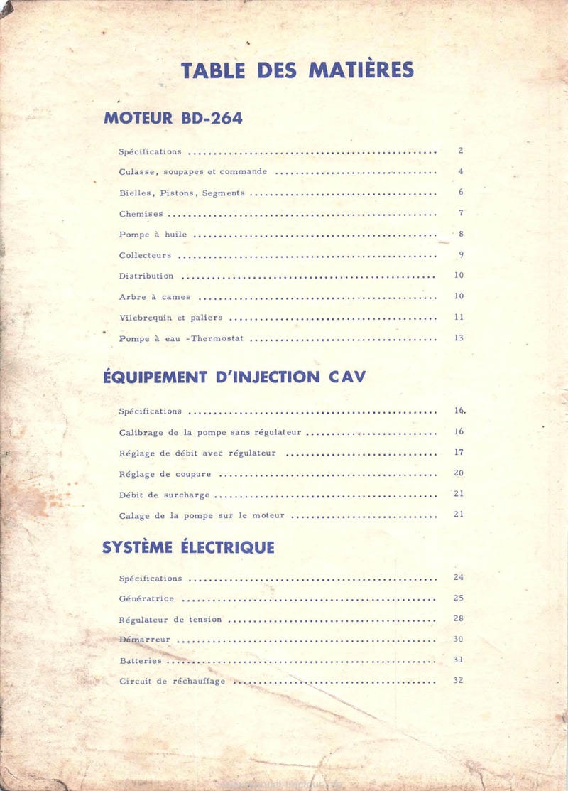 Deuxième page du Manuel de service Mc Cormick International Moteur BD-264 Système injection CAV Système électrique