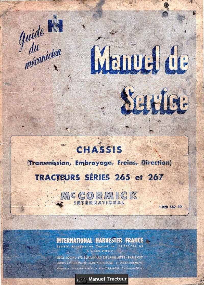 Première page du Manuel de service tracteurs Mc Cormick IH 265 267 Chassis (transmission, embrayage, freins, direction)