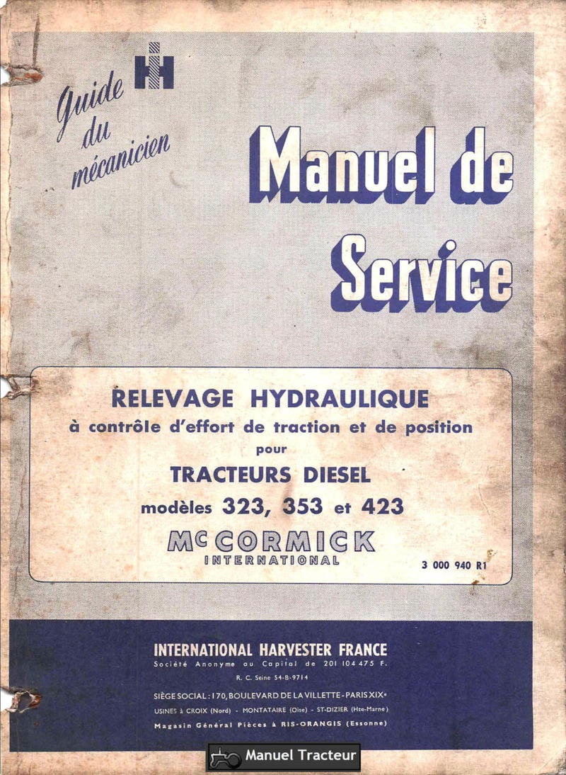 Première page du Manuel de service tracteurs Mc Cormick IH 323, 353 et 423 - Relevage hydraulique