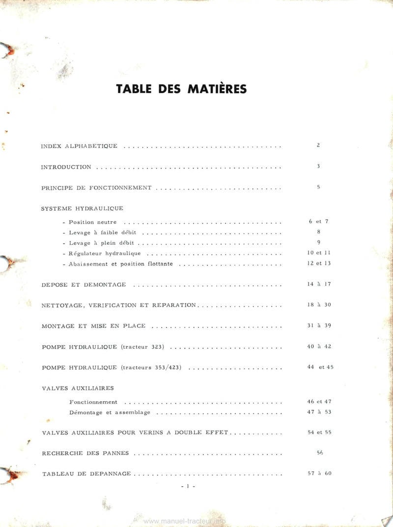 Deuxième page du Manuel de service tracteurs Mc Cormick IH 323, 353 et 423 - Relevage hydraulique