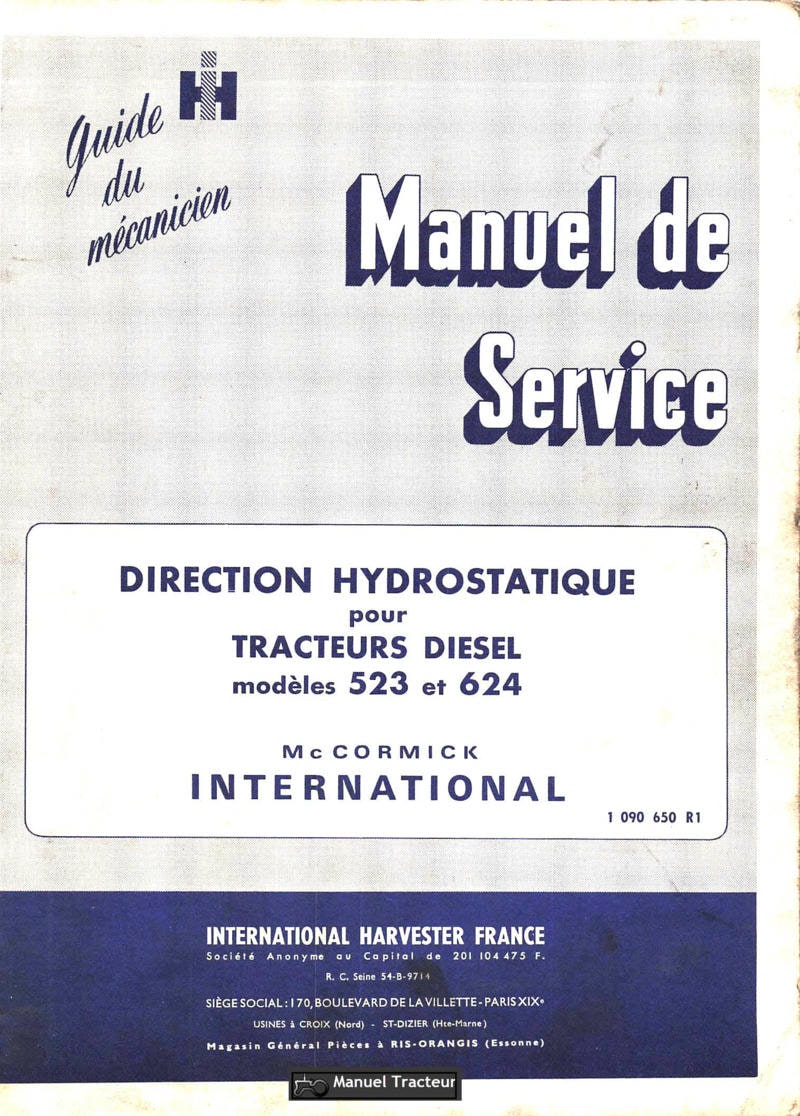 Première page du Manuel de service tracteurs Mc Cormick International 523 624 direction hydrostatique