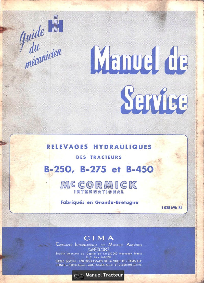 Première page du Manuel service IH McCormick relevages hydrauliques des tracteurs B-250 B-275 B-450