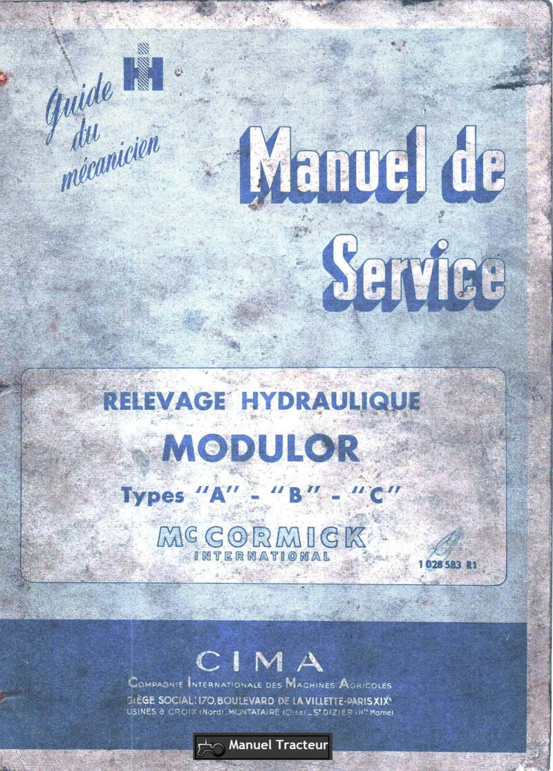 Première page du Manuel de service tracteurs Mc Cormick International Relevage hydraulique MODULOR 