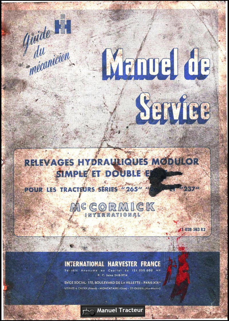 Première page du Manuel de service tracteurs Mc Cormick International 265, 267 et 237 - Relevages hydrauliques MODULOR simple et double effet