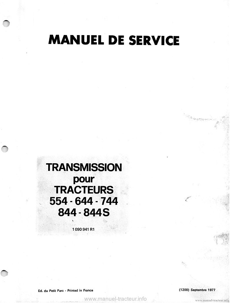 Première page du Manuel service Transmission IH 644 744 844 844S