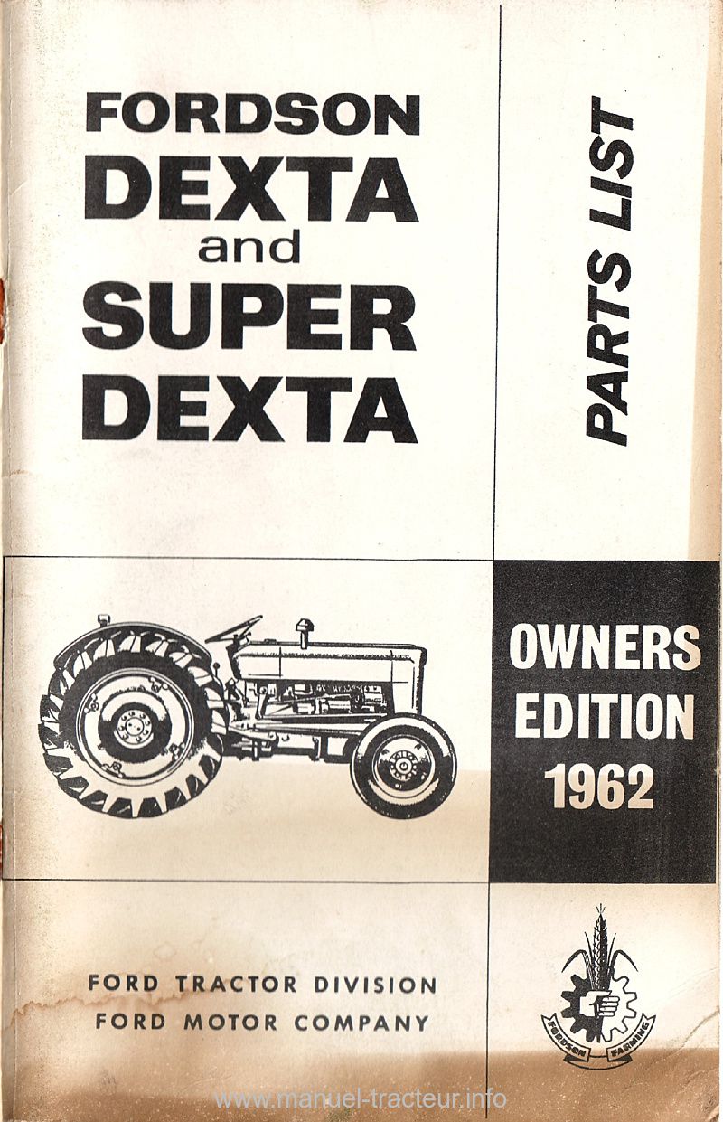Première page du Catalogue de pièces détachées des tracteurs Ford Dexta et Super Dexta 1965