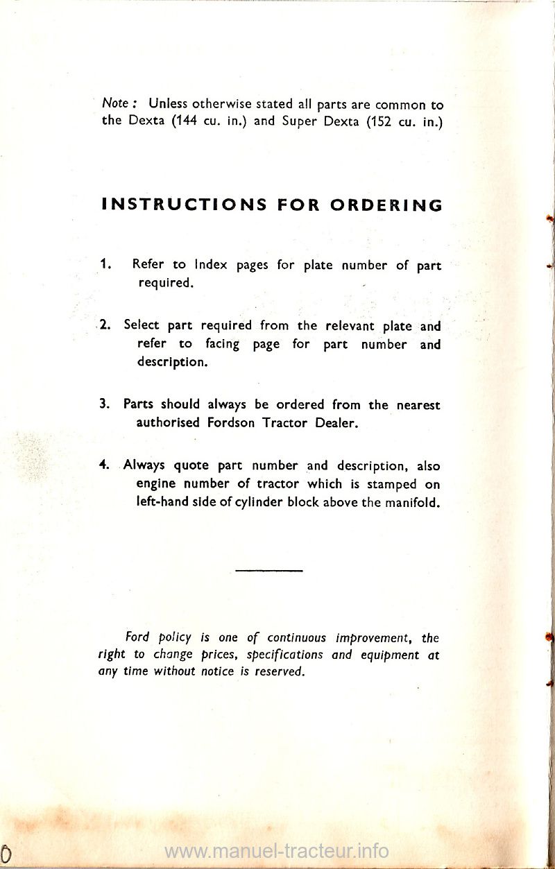 Deuxième page du Catalogue de pièces détachées des tracteurs Ford Dexta et Super Dexta 1965