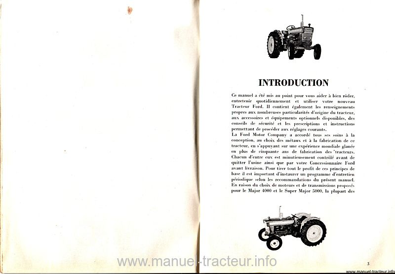 Troisième page du Manuel d'entretien des tracteurs Ford MAJOR 4000 et SUPER MAJOR 5000