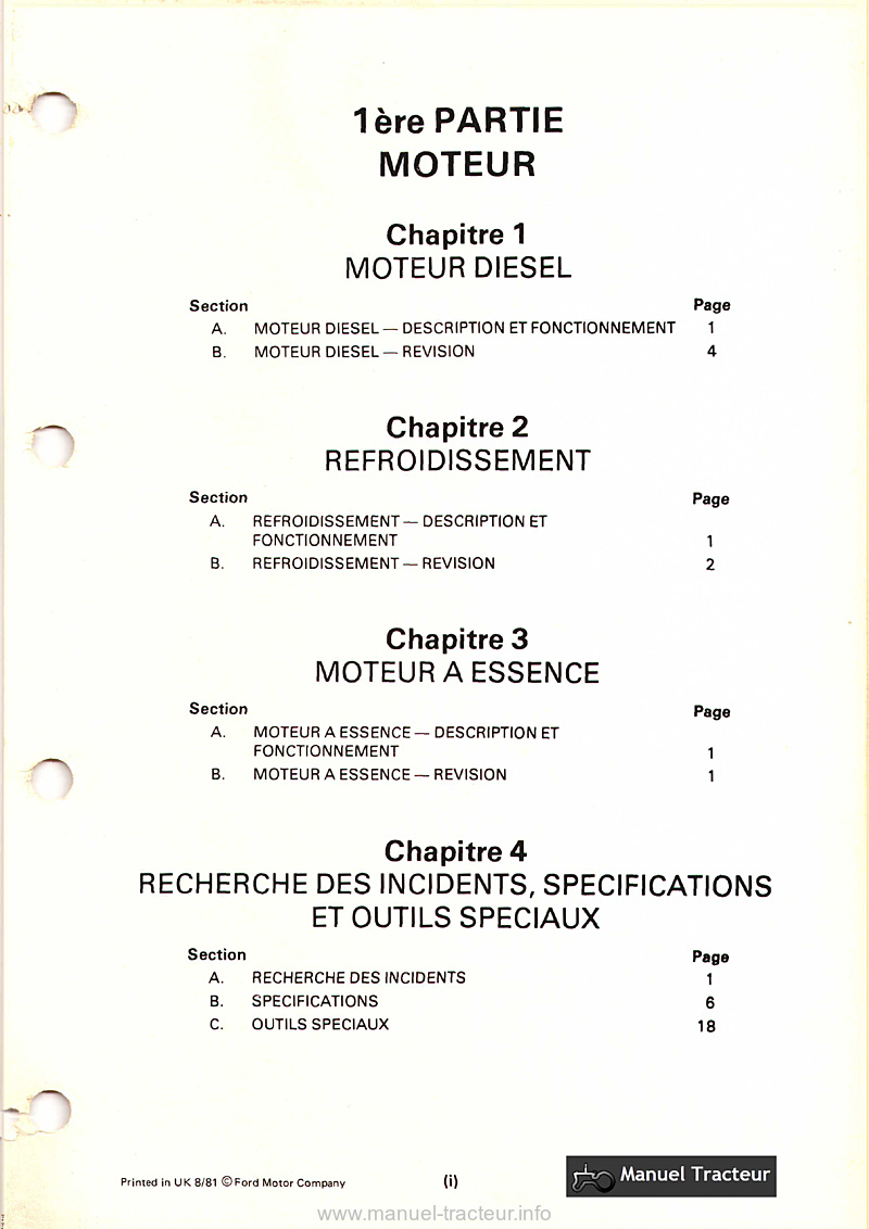 Première page du Manuel atelier tracteur Ford Série 10