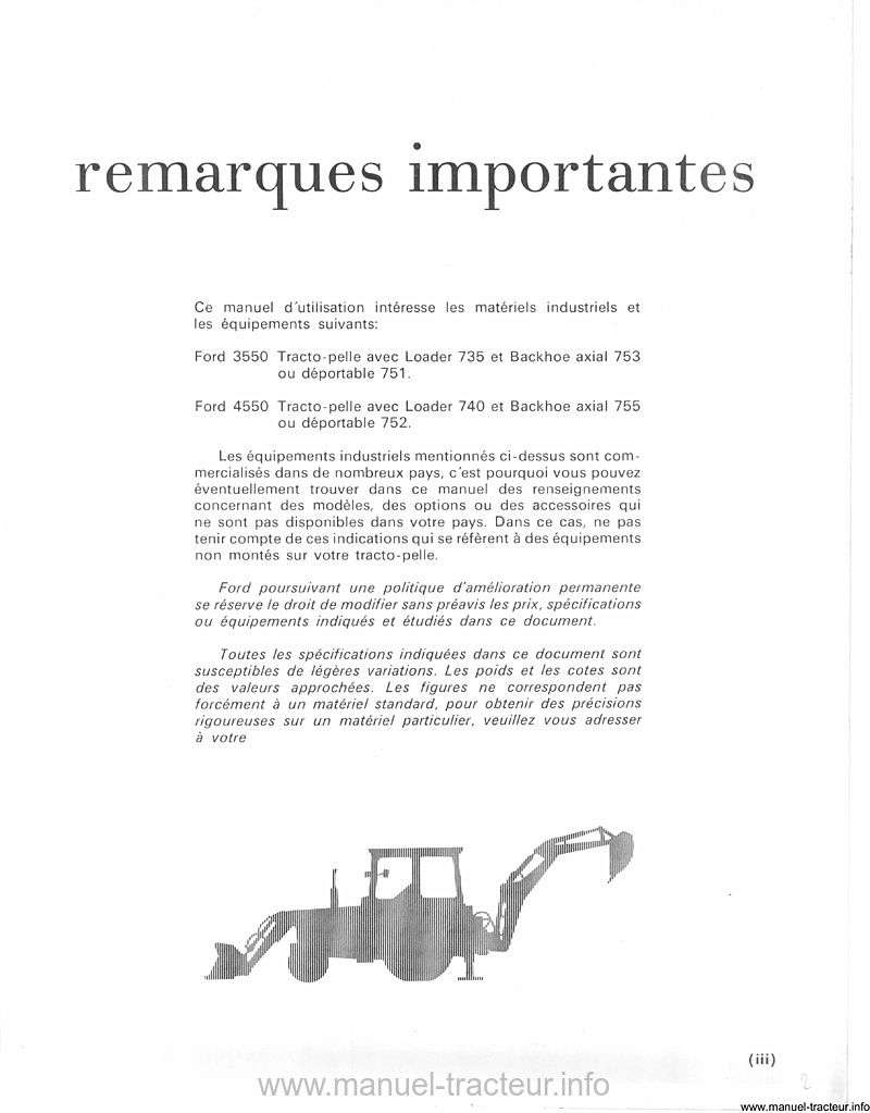 Quatrième page du manuel d'utilisation des tractopelles Ford 3550 et 4550