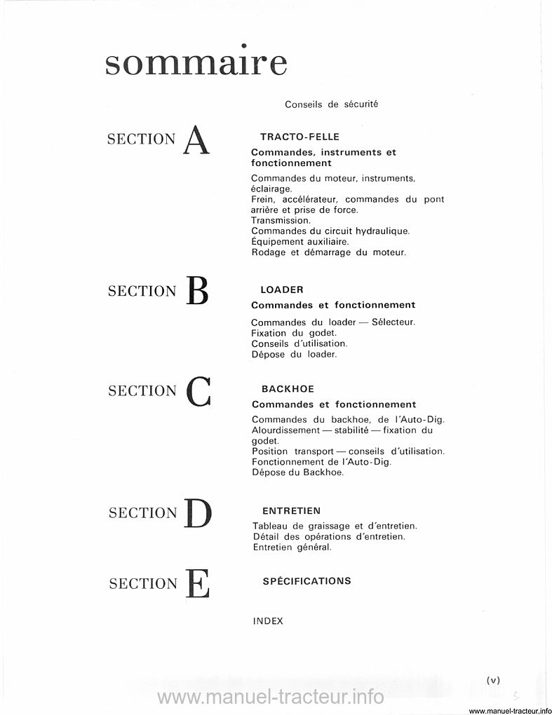 Sixième page du manuel d'utilisation des tractopelles Ford 3550 et 4550