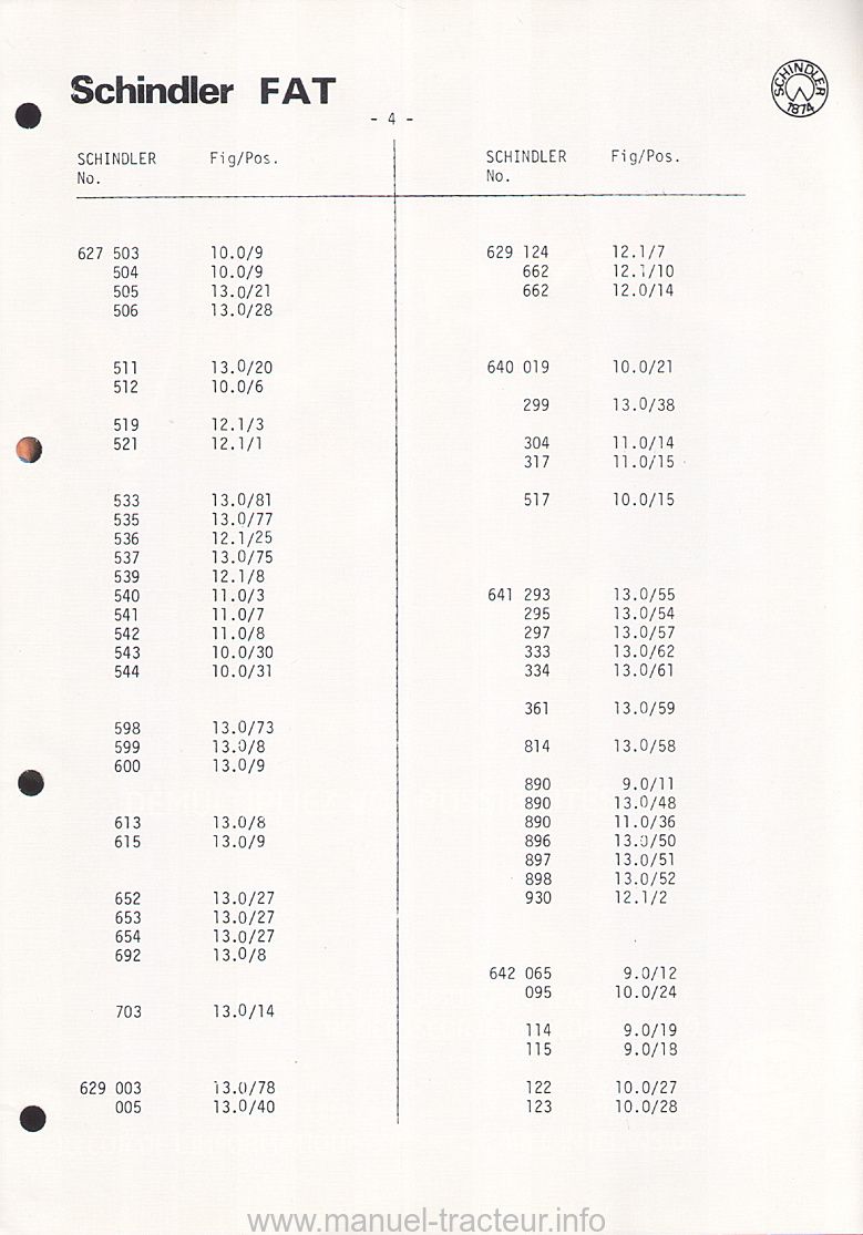 Cinquième page du Catalogue de pièces détachées du pont avant schindler pour Ford 8100 et 8200