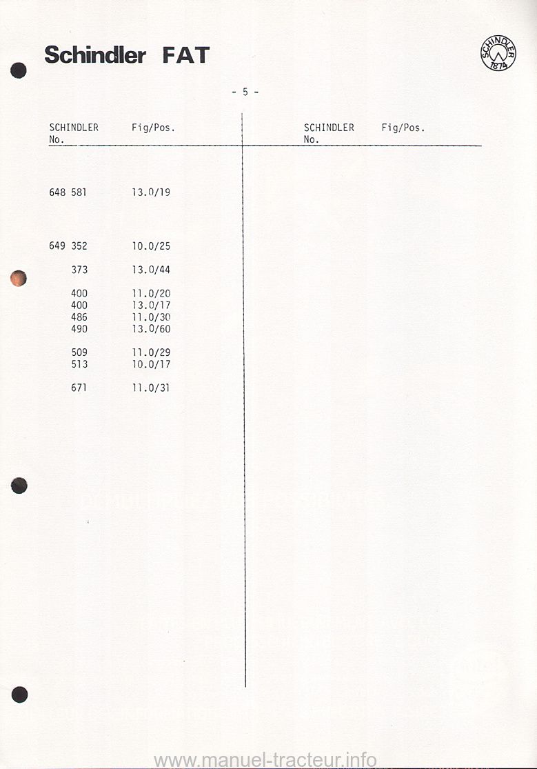 Sixième page du Catalogue de pièces détachées du pont avant schindler pour Ford 8100 et 8200
