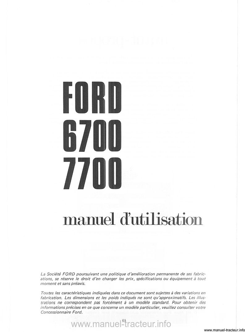 Deuxième page du manuel utilisation FORD 6700 7700