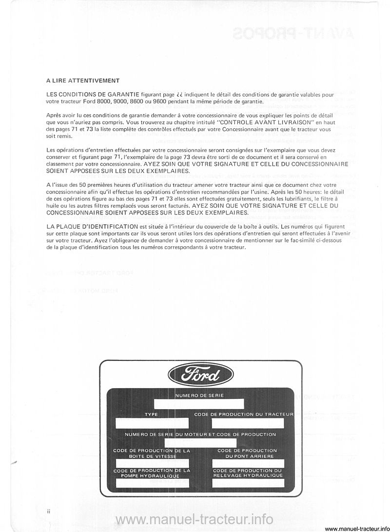 Quatrième page du manuel d'utilisation des tracteurs Ford 8000, 9000, 8600 et 9600