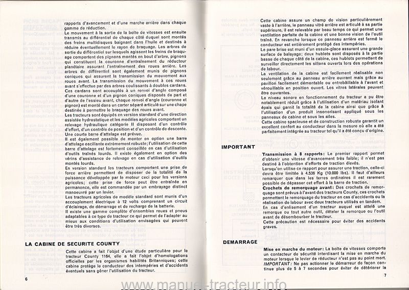 Sixième page du manuel du conducteur des tracteurs County modèle 1164