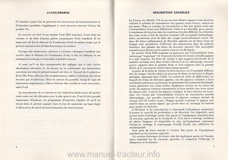 Cinquième page du manuel du conducteur des tracteurs County modèle 754