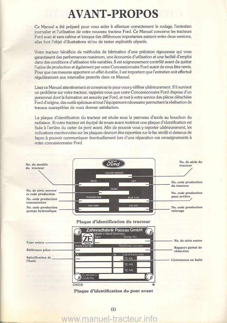 Troisième page du manuel d'utilisation des tracteurs Ford 7710, 7910 et 8210