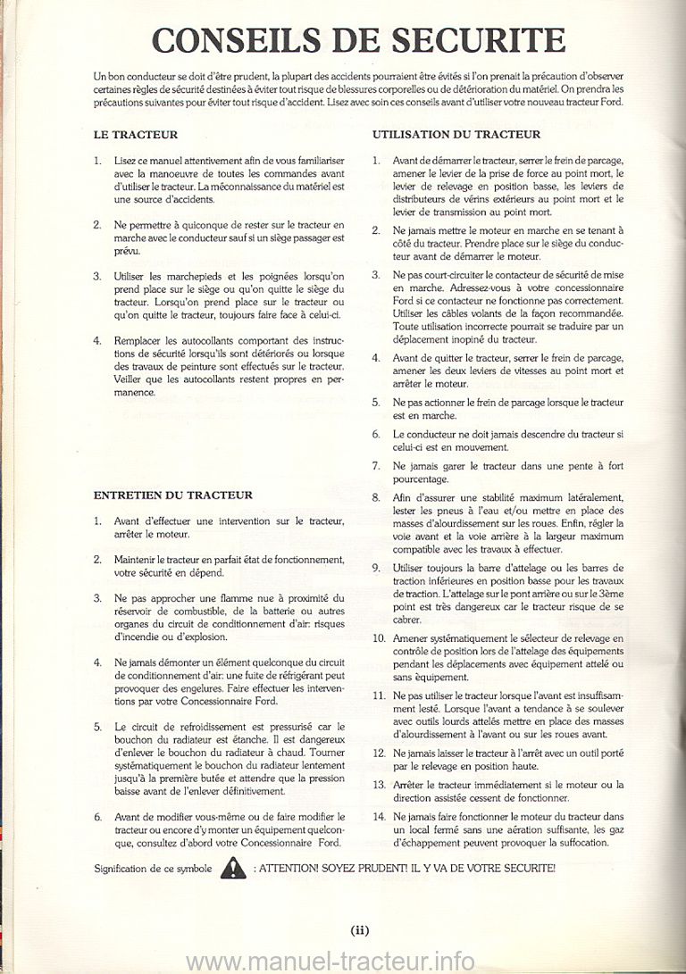 Quatrième page du manuel d'utilisation des tracteurs Ford 7710, 7910 et 8210