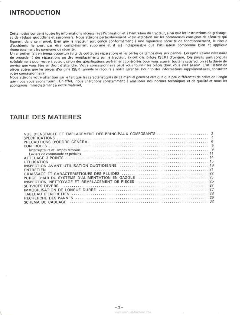 Page 1 du sommaire - Notice d'utilisation tracteur Iseki TE4270