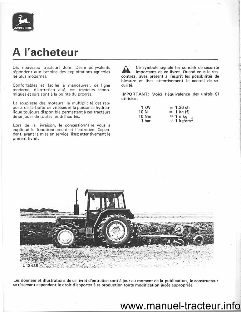 Troisième page du Livret entretien JOHN DEERE 1830 2030 2130