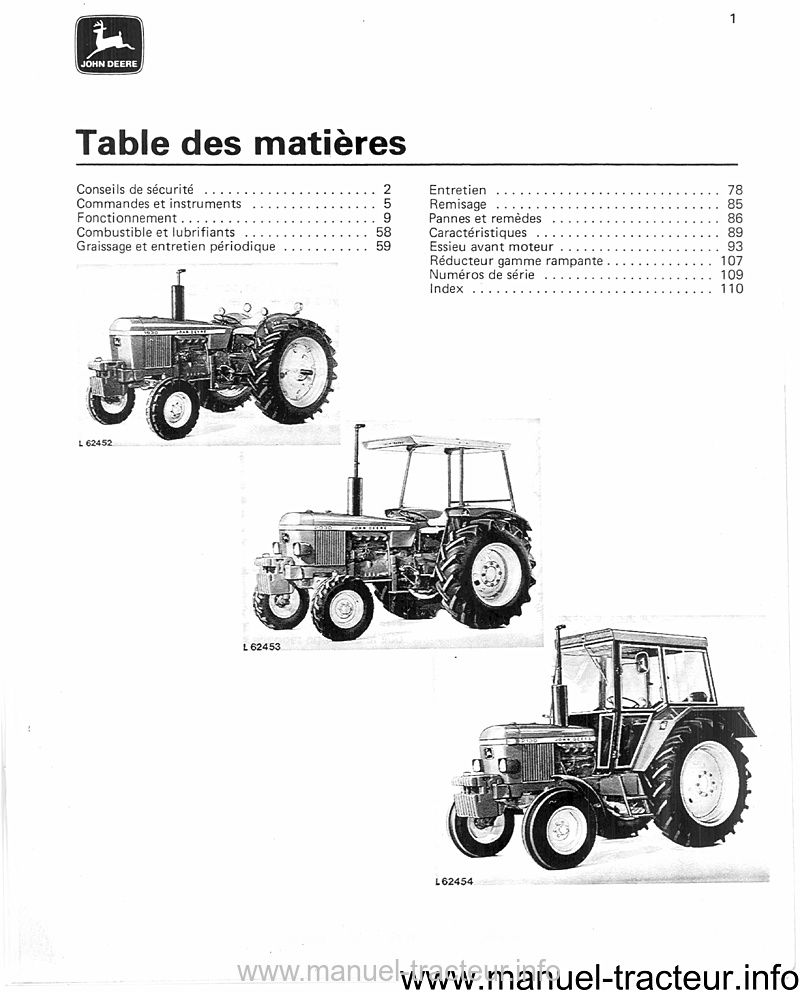 Quatrième page du Livret entretien JOHN DEERE 1830 2030 2130