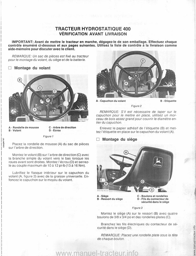 Troisième page du Livret entretien JOHN DEERE 400 hydrostatique 