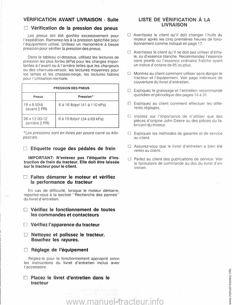 Sixième page du Livret entretien JOHN DEERE 400 hydrostatique 