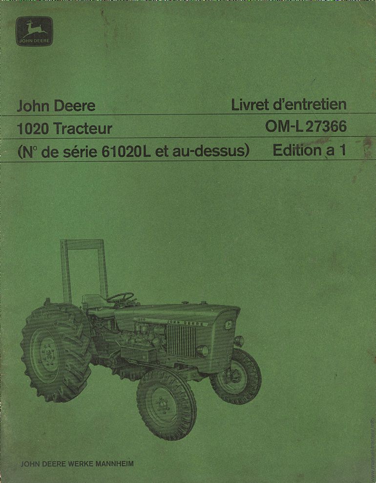 Première page du Livret entretien JOHN DEERE 1020