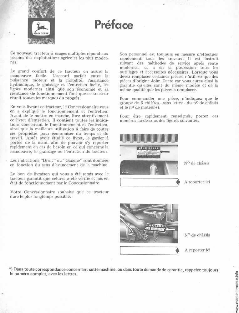 Deuxième page du Livret entretien JOHN DEERE 1020