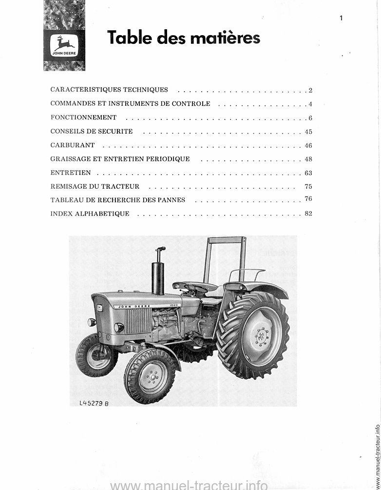 Troisième page du Livret entretien JOHN DEERE 1020