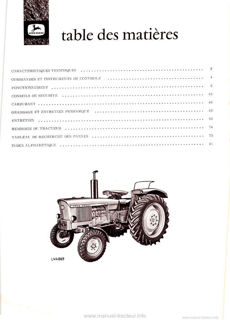 Troisième page du Livret entretien JOHN DEERE 1120