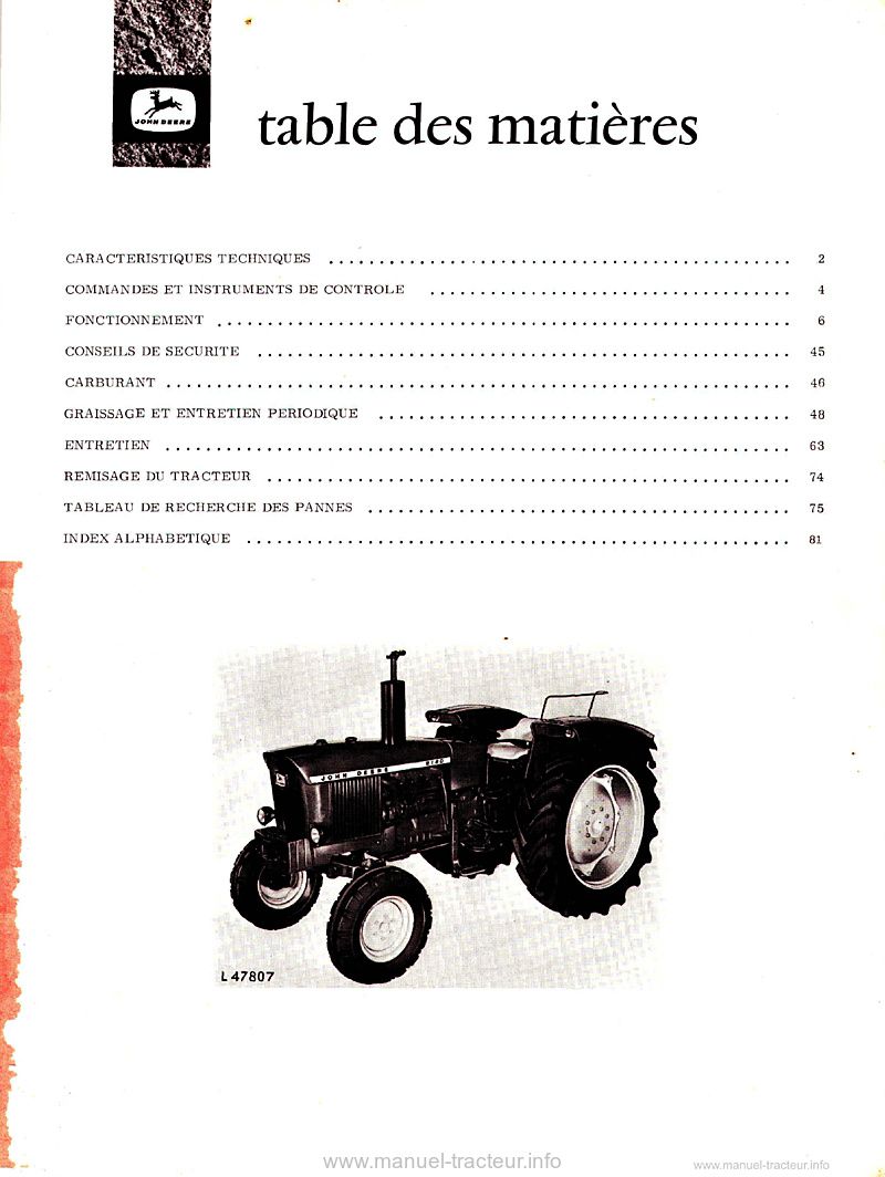 Troisième page du Livret d'entretien John Deere 2120