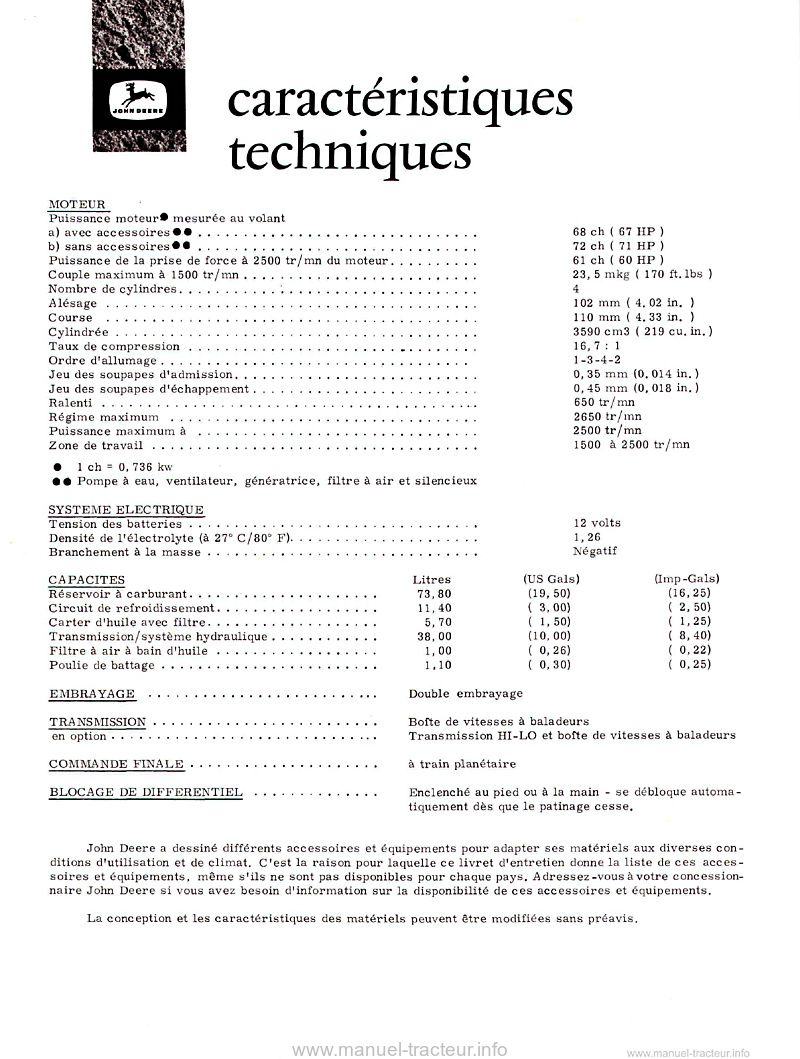 Quatrième page du Livret d'entretien John Deere 2120