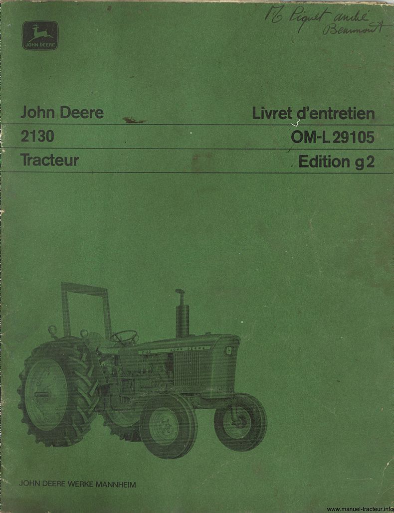 Première page du Livret entretien JOHN DEERE 2130 