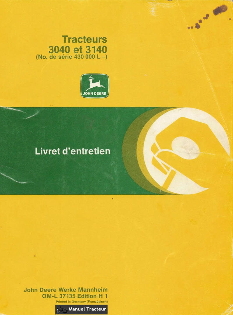 Première page du Livret entretien tracteurs John Deere 3040 3140