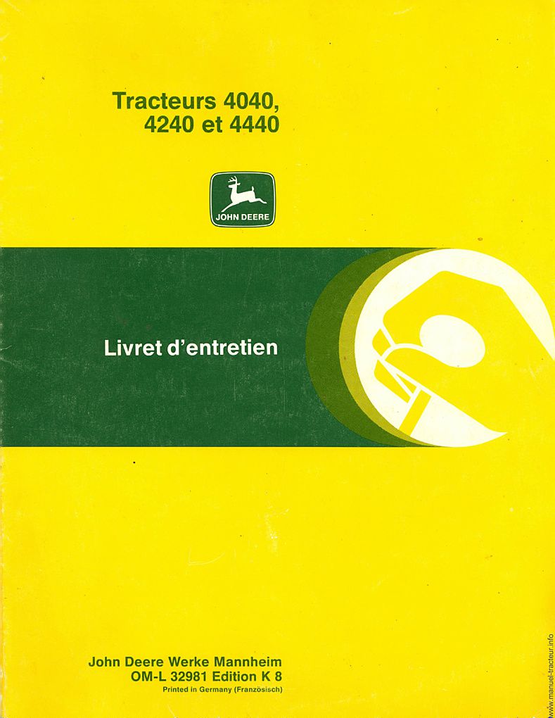 Première page du Livret entretien JOHN DEERE 4040 4240 4440