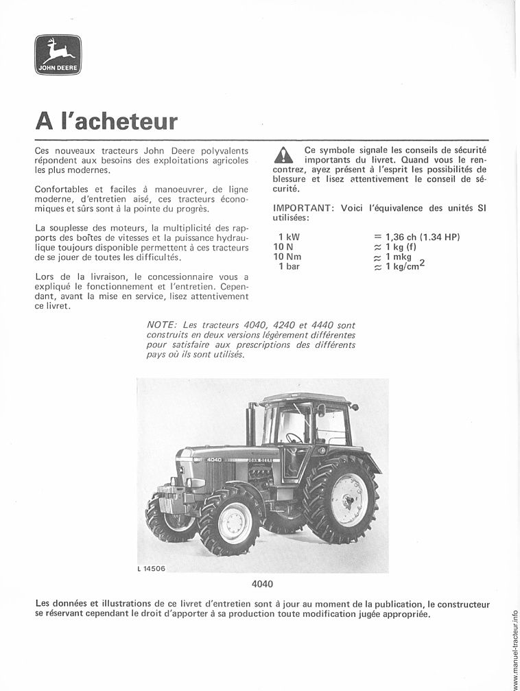 Deuxième page du Livret entretien JOHN DEERE 4040 4240 4440