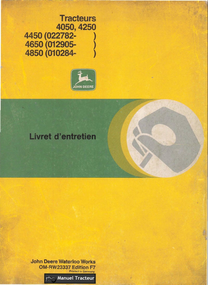 Première page du Livret entretien tracteurs John Deere 4050 4250 4450 4650 4850