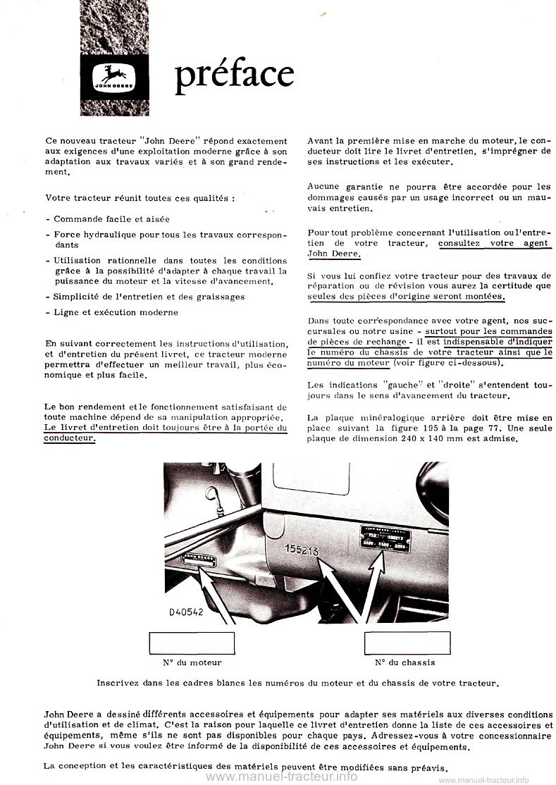 Deuxième page du Livret d'entretien John Deere 710