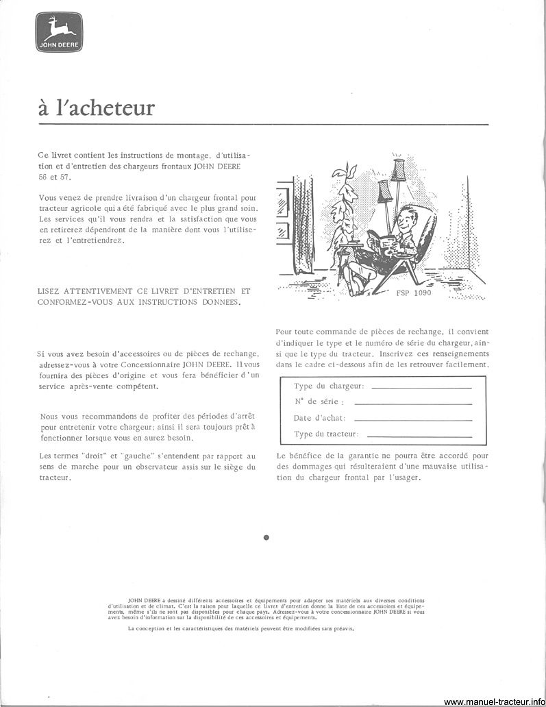 Deuxième page du Livret entretien Chargeurs Agricoles 56 57 JOHN DEERE