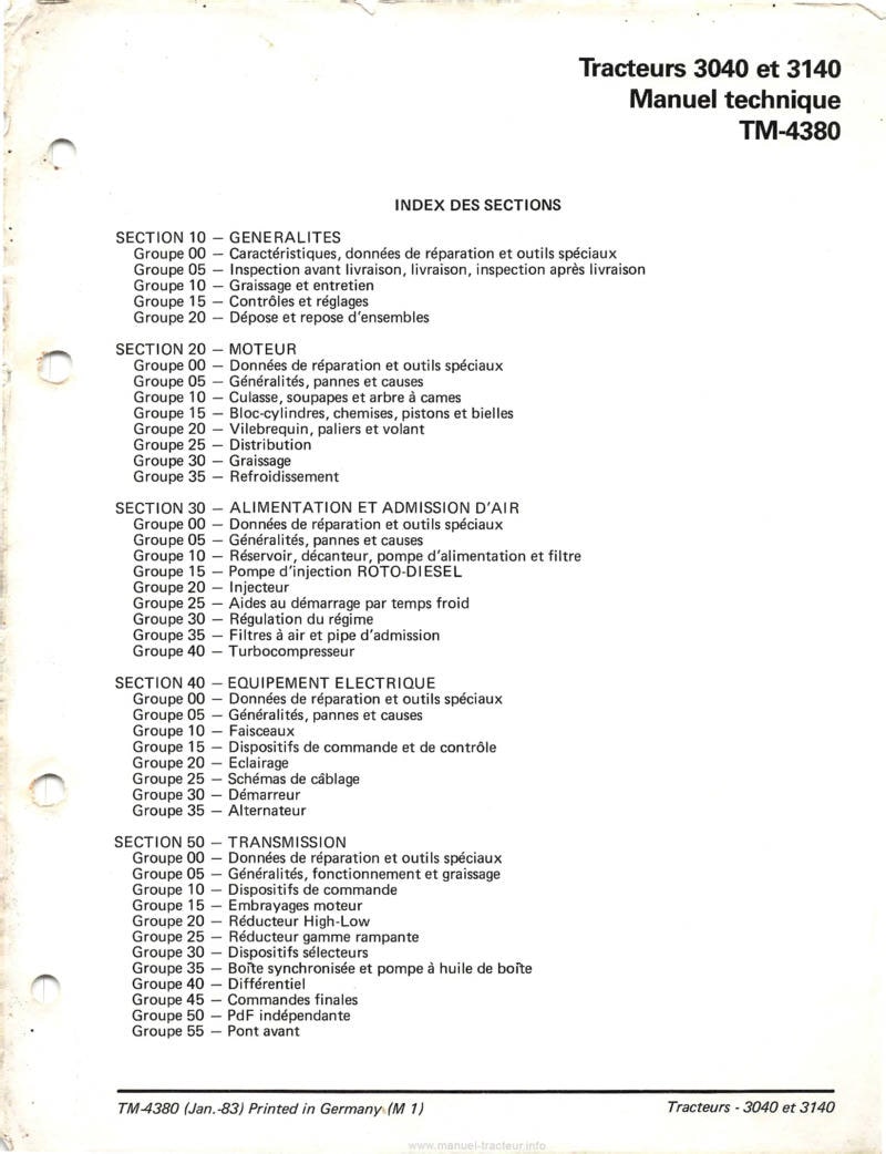 Deuxième page du Manuel technique tracteurs John Deere 3040 et 3140
