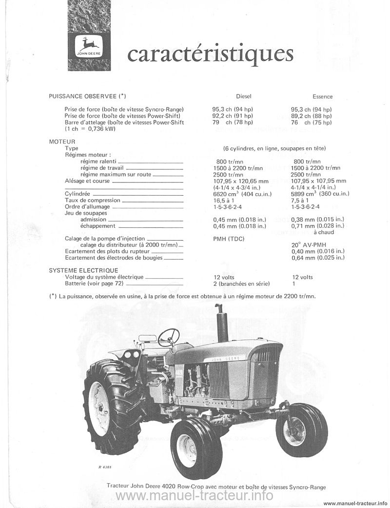 Quatrième page du Livret entretien JOHN DEERE 4020