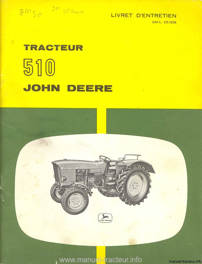 Première page du Livret entretien JOHN DEERE 510 