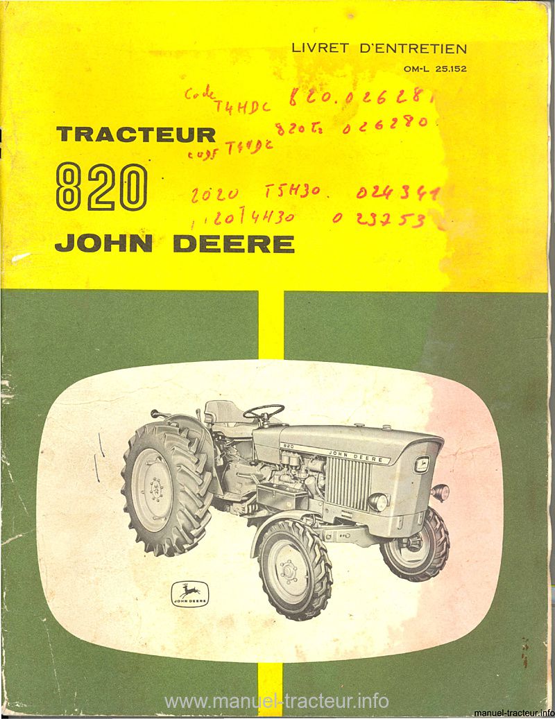 Première page du Livret entretien JOHN DEERE 820