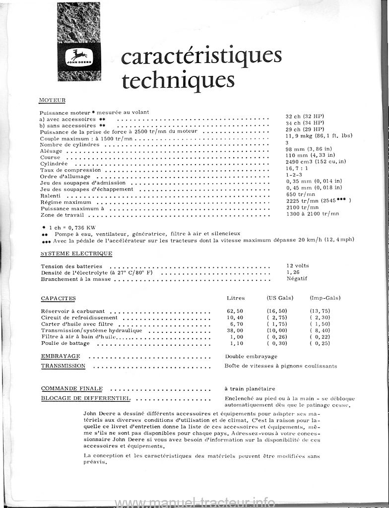 Quatrième page du Livret entretien JOHN DEERE 820